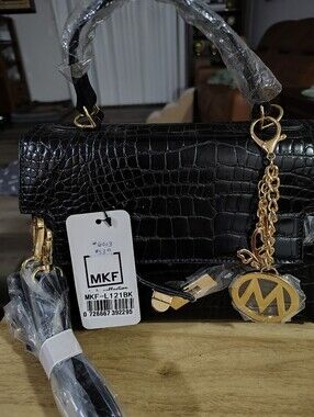 MKF Black Croc-Embossed Top-Handle Crossbody with Gold Charm Accent